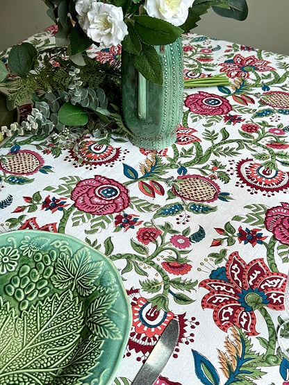 ATOSII Ruby 100% Cotton Square Summer Tablecloth, Block Print Floral Table Cloth for Dining Table, Parties, Weddings, Outdoors Grand Millenial Decor I 60 X 60 Inches I 4 Seater I
