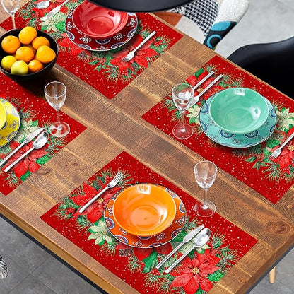 Red Poinsettias Placemats for Dining Table Set of 4, 12 x 18 Inch Red White Floral Xmas Tabletop Mats Red Rectangle Table Mat for Winter Holiday Party Kitchen Table Decor