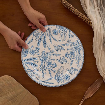 Bico Blue Garden Toile De Jouy Dinner Plates Set of 4, 11 Inch Large Ceramic Plates for Pasta, Steak, Stylish Serving Dishes, Microwave and Dishwasher Safe, Gift for Housewarming and Thanksgiving
