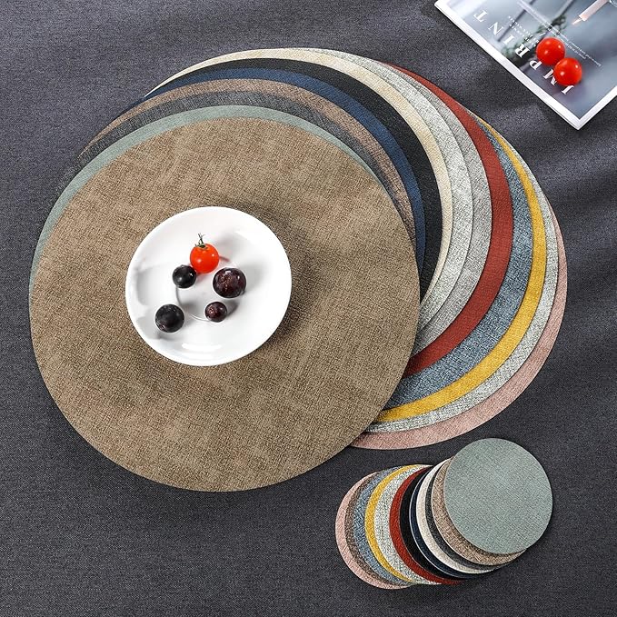 Myir JUN Round Placemats, Dual Sided Faux Leather Place Mats Set of 4 Indoor/Outdoor Non-Slip Washable Table Mats (Gray, Set of 4)