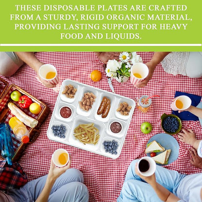 three leaf 9 COMPARTMENT BAGASSE RECTANGULAR PLATE, 25 Ct. Heavy-Duty- Super Strong- Natural- Eco-Friendly Disposable Bagasse Plates, 100% Biodegradable 9 compartment plates