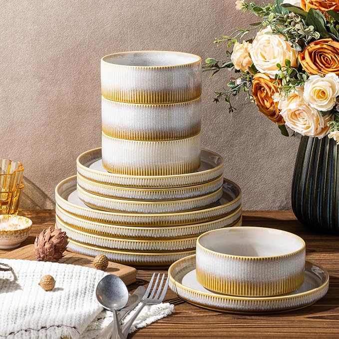 Ceramic Dinnerware Set for 4, 12-Piece Plates and Bowls Set | Lightweight - Image 5