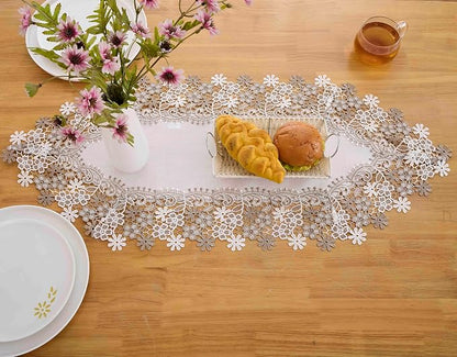 White Beige Floral Lace Table Runner Dresser Scarf | Floral Lace Border - Image 4