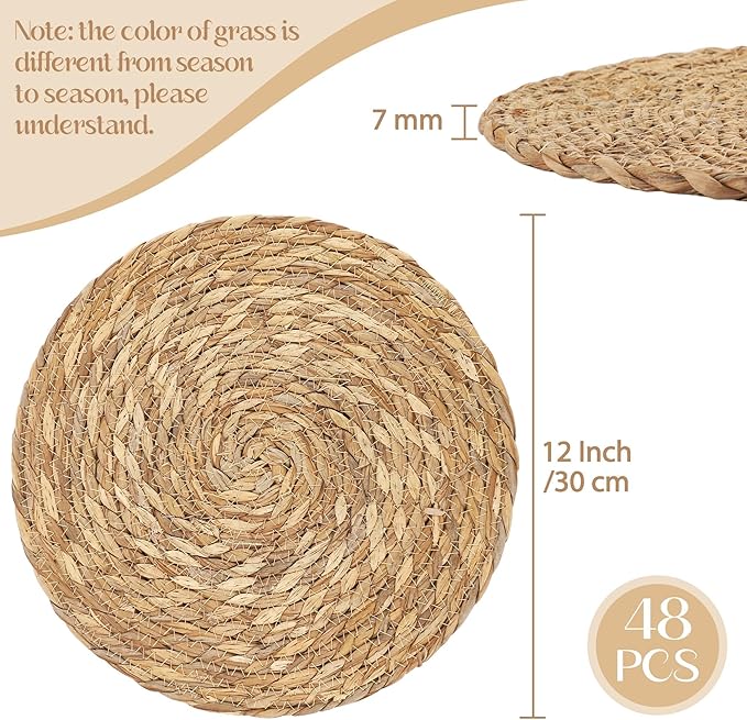 Aneco 48 Pack 12-Inch Round Woven Placemats Natural Hand-Woven Boho Rattan Wicker Bulrush Placemat Farmhouse Rustic Braided Table Mats for Dining & Kitchen Decor
