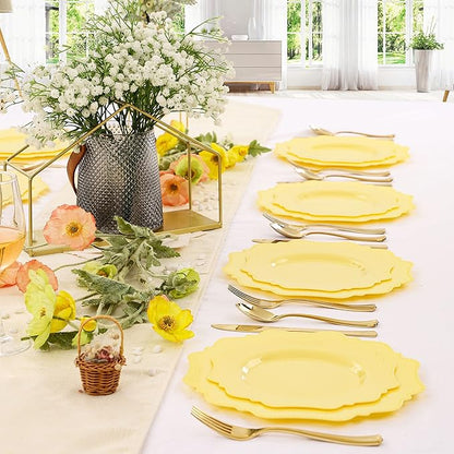 COLOSUS Disposable Lemon Yellow Plastic Plates 60Pcs, Thanksgiving Plastic Plates.,Light Baby Yellow Party Plates, Heavy Duty 30 Dinner plate 10.5" and 30 Salad/Dessert Plate 8.25" for Wedding,Party