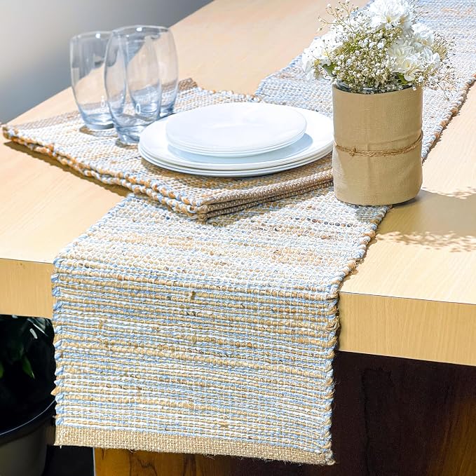 Natural Jute Table Runner, 13x90 Inch, Sky Blue-White | Vintage Boho Rustic - Image 8