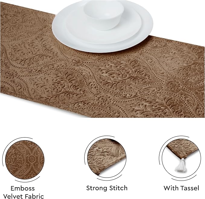 Encasa XO Table Runner, Embossed Velvet, Elegant 13"x94" | Coffee, 175 GSM - Image 3