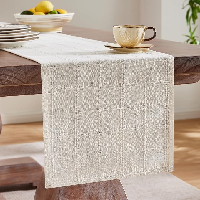 Linen Checked Farmhouse Table Runner, 13x108 Inches Ivory | Raised Grid Design - Image 4