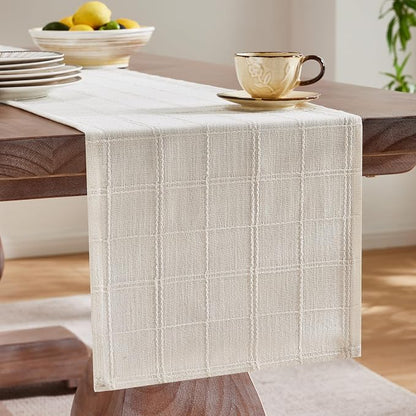 Linen Checked Farmhouse Table Runner, 13x36 Inches Ivory | Raised Grid Design - Image 4