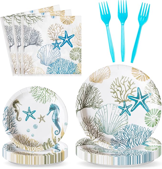 96Pcs Ocean Seashell Coastal Beach Starfish Coral Party Plates Supplies by G1ngtar