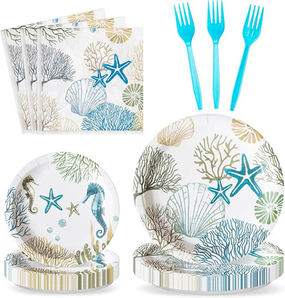 96Pcs Ocean Seashell Coastal Beach Starfish Coral Party Plates Supplies by G1ngtar