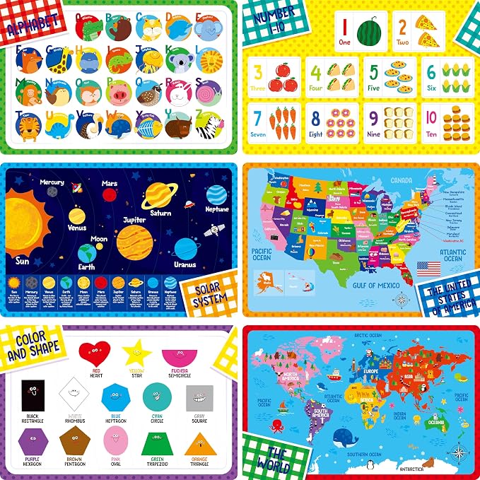 6 Pack Placemats for Kids, Non-Slip Washable, Reusable Alphabet, Shape & Color by SpriteGru