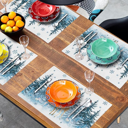 Watercolor Forest Reindeer Placemats Set of 4 - Blue Pine Tree Winter Snowflakes Non-Slip Washable Cloth Place Mats 12 x 18 Inch Reusable Table Mats for Kitchen Dining Holiday Decoration