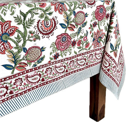 ATOSII Ruby 100% Cotton Square Summer Tablecloth, Block Print Floral Table Cloth for Dining Table, Parties, Weddings, Outdoors Grand Millenial Decor I 60 X 60 Inches I 4 Seater I