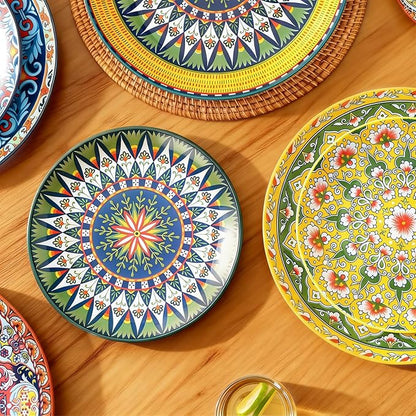 6-piece Bohemian plates, 8-inch main course plates, suitable for serving beef, lamb chops, turkey, and various main dishes; safe for microwave, oven, and dishwasher use