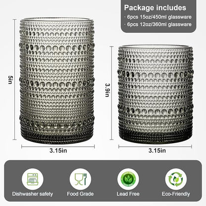 KMIGRUAN Hobnail Drinking Glasses Set of 12, 15Oz & 12Oz Cocktail Glasses | - Image 2