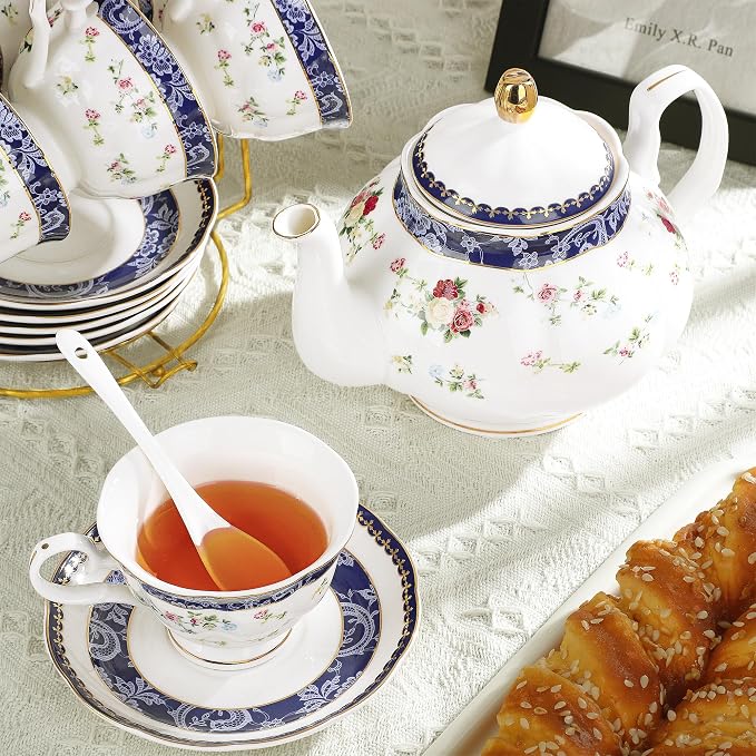 fanquare Bone China Tea Sets for Adults, 21-Piece Blue Lace and Roses Porcelain - Image 4