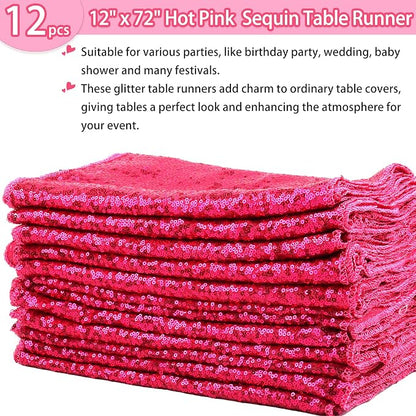 12 Packs 12 X 72 Inch Hot Pink Sequin Table Runner Glitter Dining Table Runner - Image 2