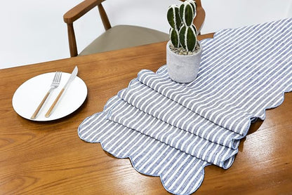 100% Natural Linen Rustic Scalloped Embroidery Table Runner 48 Inches, Linen - Image 5