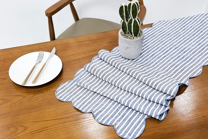 100% Natural Linen Rustic Scalloped Embroidery Table Runner 36 Inches, Linen - Image 5