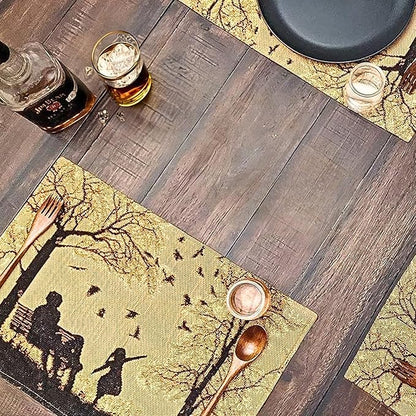 DaDalogy Farmhouse Rustic Dining Placemats - Set of 4 Tapestry Woven Cotton Halloween Kitchen Table Mats Fall Silhouette Decor - Family Cozy Cabin Orange Tan Black Decorative - 13” x 19”