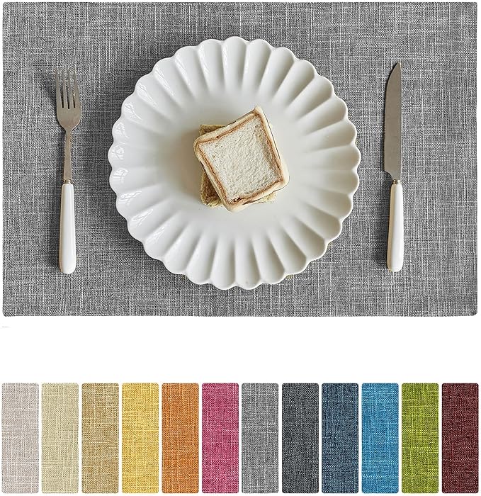 Softalker Faux Linen Placemats Set of 12-12 x 18 Inch, Heat Resistant Double Layered Durable Burlap Farmhouse Place Mats, Non-Slip Washable Rustic Table Mats for Dining, Kitchen, Party（Light Grey