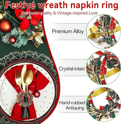 ZeeDix Christmas Wreath Napkin Rings Set of 6, Holiday Christmas Napkin Ring Holders for Cloth Napkins, Xmas Napkin Rings for Thanksgiving Holiday Dinner Party Table Setting