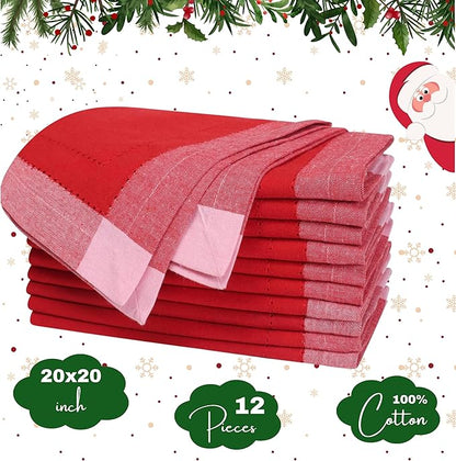 Bedding Craft Christmas Cloth Napkins Set of 12 – 20x20 Red Cotton with Double Hemstitch – Soft, Durable & Washable Table Napkins for Farmhouse Décor, Thanksgiving, Holiday Parties & Everyday Use