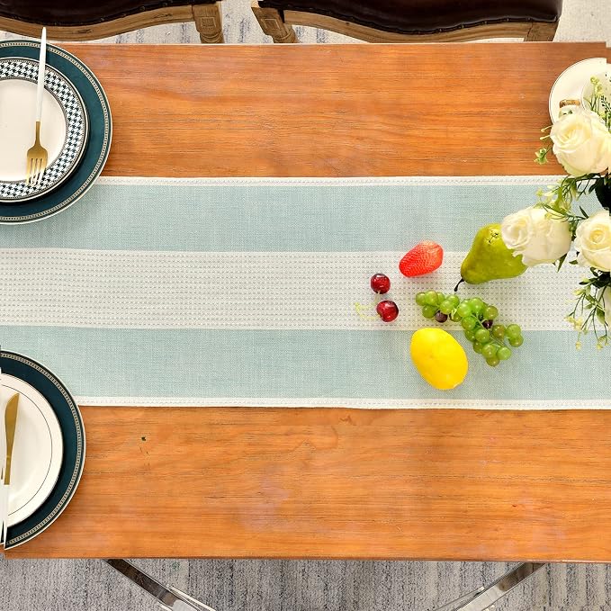 Wracra Linen Table Runner, Stripe Table Runners 60 Inches Long Aque Blue | - Image 4