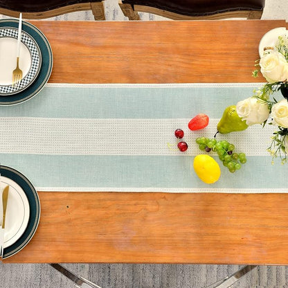 Wracra Linen Table Runner, Stripe Table Runners 108 Inches Long Aque Blue | - Image 4