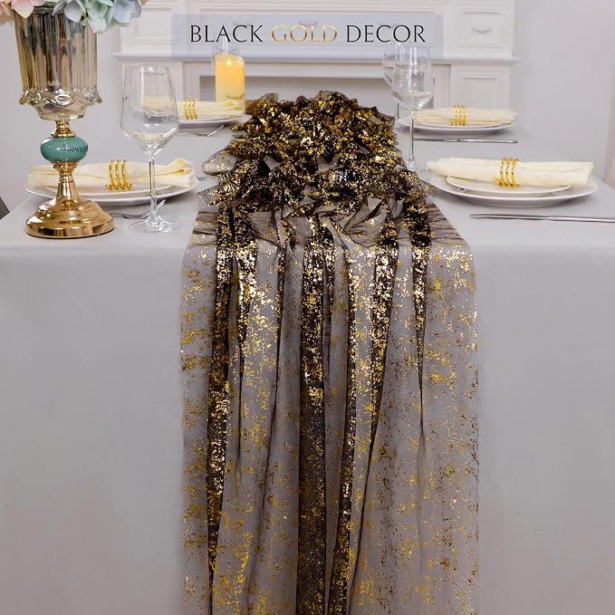 Snowkingdom 3 Pcs Black Gold Gauze Table Runner 10 FT 120 Inch, Sparkle Sheer - Image 4