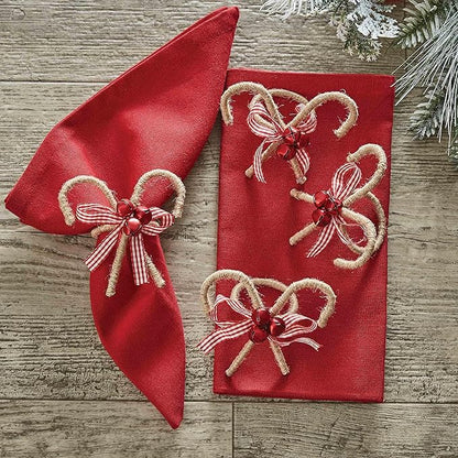 Park Designs Candy Cane Napkin Ring Set of 4 | Rustic Burlap Holiday Napkin Holders with Red Gingham Bow & Festive Bells | 3" H x 3.25" W x 2.5" D | Farmhouse Christmas Table Decor