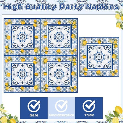 96Pcs Capri Lemon Blue Tiles Yellow Lemon Summer Citrus Fruit Party Plates - Image 4