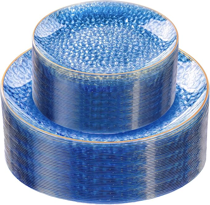 Rubtlamp 60Pcs Clear Blue Plastic Plates, Hammered Blue Plates, 30 Dinner Plates by Rubtlamp