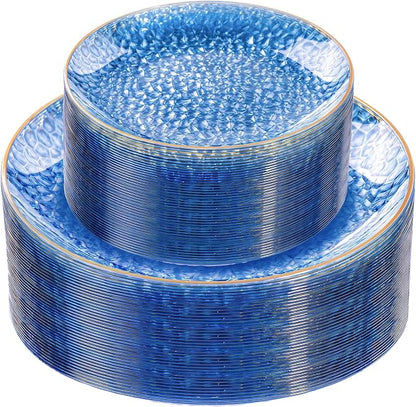 Rubtlamp 60Pcs Clear Blue Plastic Plates, Hammered Blue Plates, 30 Dinner Plates by Rubtlamp