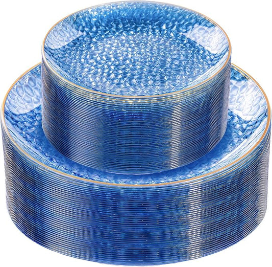Rubtlamp 60Pcs Clear Blue Plastic Plates, Hammered Blue Plates, 30 Dinner Plates by Rubtlamp