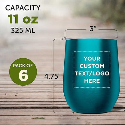 Custom Stemless Wine Glass Tumblers with Lids by Largo 11 oz. Set of 6, Personalized Bulk Pack - Perfect for Wine, Cocktails, Other Hot & Cold Beverages - Teal