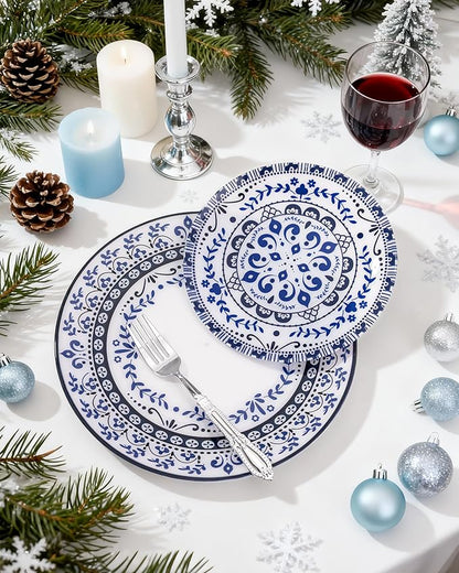 Hioasis 60pcs Blue Plastic Plates Set - Floral Blue & White Porcelain Design, 10.25" Dinner & 7.5" Dessert Plates Disposable for Wedding (Dishwasher Safe, Traditional Style)