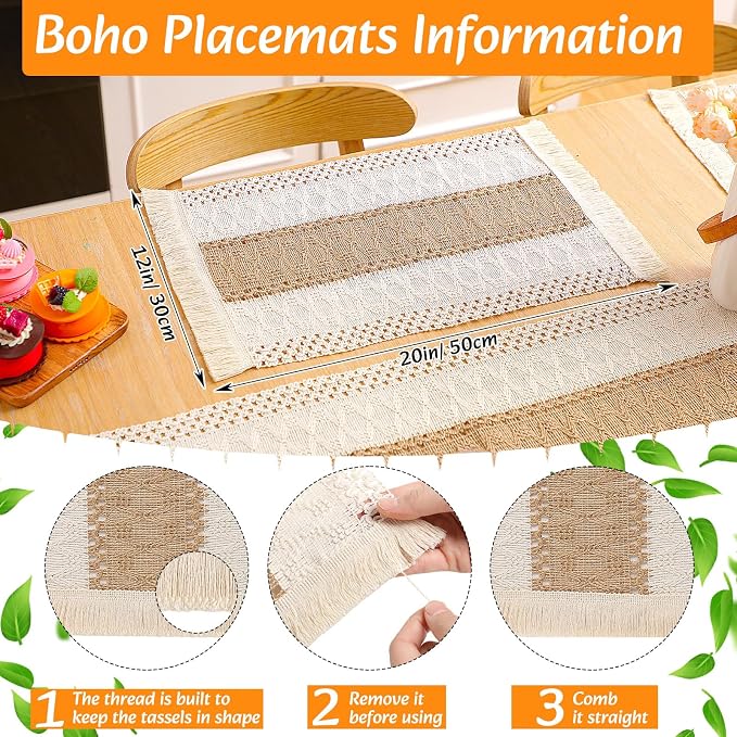 6 Sets Boho Decoration Placemats Round Woven Placemats, Cloth Napkins, Wood - Image 3