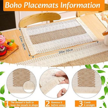 6 Sets Boho Decoration Placemats Round Woven Placemats, Cloth Napkins, Wood - Image 3