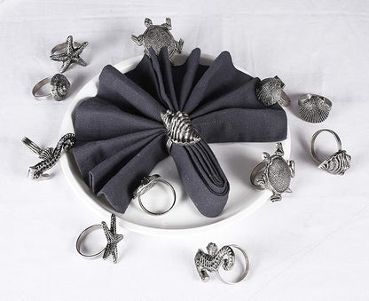 ALPHA Living HOME Napkin Rings Set of 12, Premium 100% Metal, Rust-Resistant Tabletop Décor - Antique Coastal Sea Shell Napkin Holdersfor Family Dinner, Wedding, Party, Decorations - Antique Silver