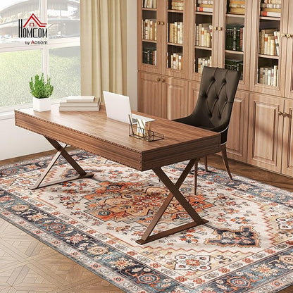 HOMCOM Washable Area Rug, 8'x10' Vintage Indoor Distressed Carpet, Retro Floor Cover Foldable, Floral Print Mat for Living Room, Bedroom, Dining Room, Tawny Brown