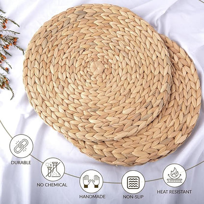 13.5" Water Hyacinth Woven Round Placemats Set of 6 - Wicker Boho Farmhouse Placemats - Rattan Table Mats for Dining Table, Wedding, Home