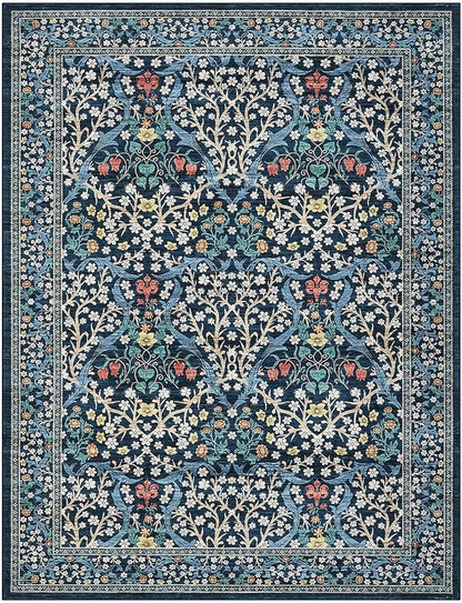 GarveeHome 4x6 Washable Area Rug for Living Room, Floral Large Entryway Kitchen Rug Non Slip, Ultra Soft Stain Resistance Carpet for Bedroom Laundry Room, Dark Blue