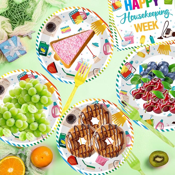 96Pcs Housekeeping Week Decorations, Cleaning Icons Plates Napkins Forks - Image 5