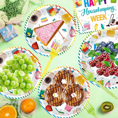 96Pcs Housekeeping Week Decorations, Cleaning Icons Plates Napkins Forks - Image 5