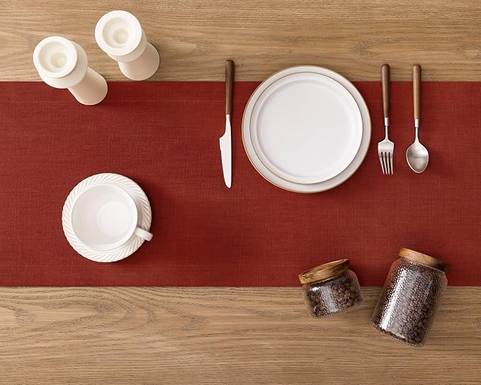Linen Textured Border Table Runner, 14 x 72 Inch Orange | Mitered Corner Design - Image 4