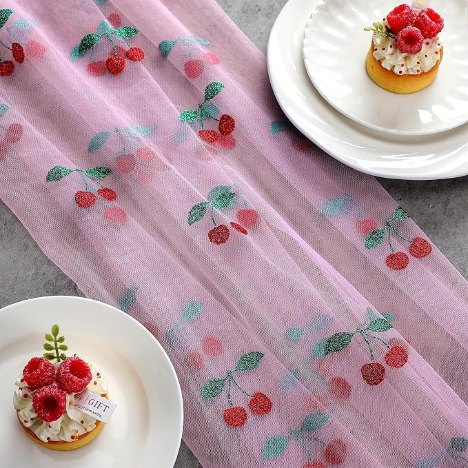 4 Pcs Cherry Table Runner 29 x 70 inch Pink Glitter Tulle Lace Cloth Rectangle - Image 6