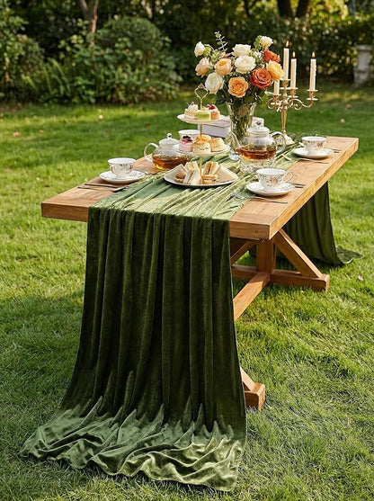 Olive Green Velvet Table Runner 29x120 Inch 10ft Long Soft Velvet Fabric | 5 by SoarDream