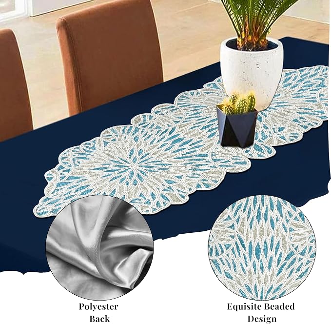 Beaded Table Runner, Sky Blue White, 36x13 | Glass beads on polyester backing - Image 3